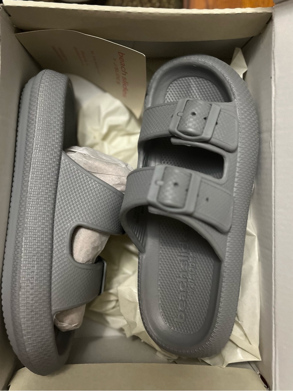 Beach Slides Grey Double-Buckle Slide Sandals. New  Comfort Size 6